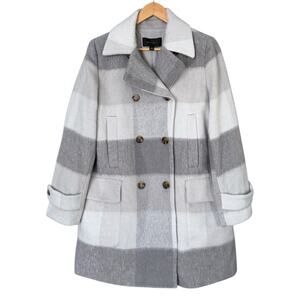 Ann Taylor Plaid Wool-Blend Coat Women’s M Gray Ivory Double Breasted NEW